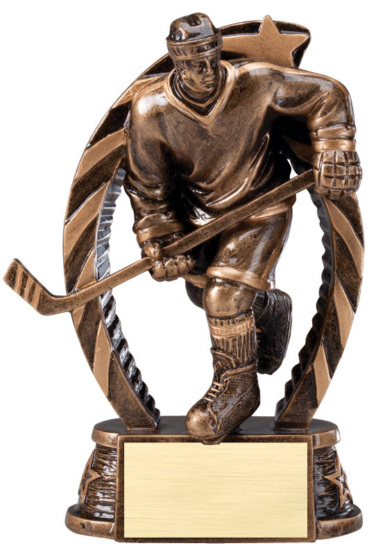 Running Star hockey trophy, player bursting through sunburst arch