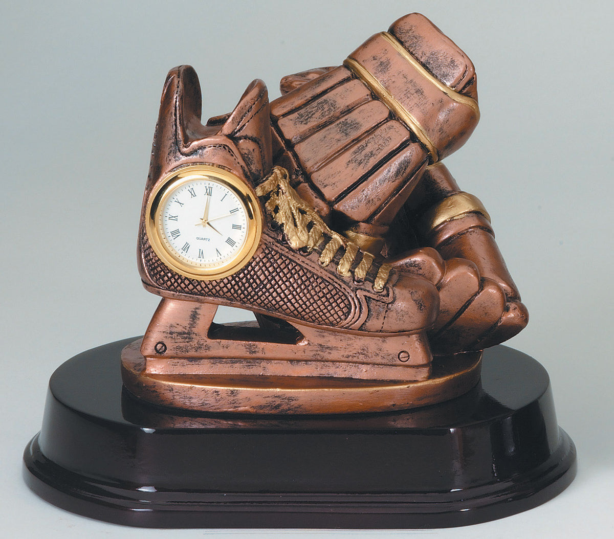 Hockey skates desk clock trophy with working clock