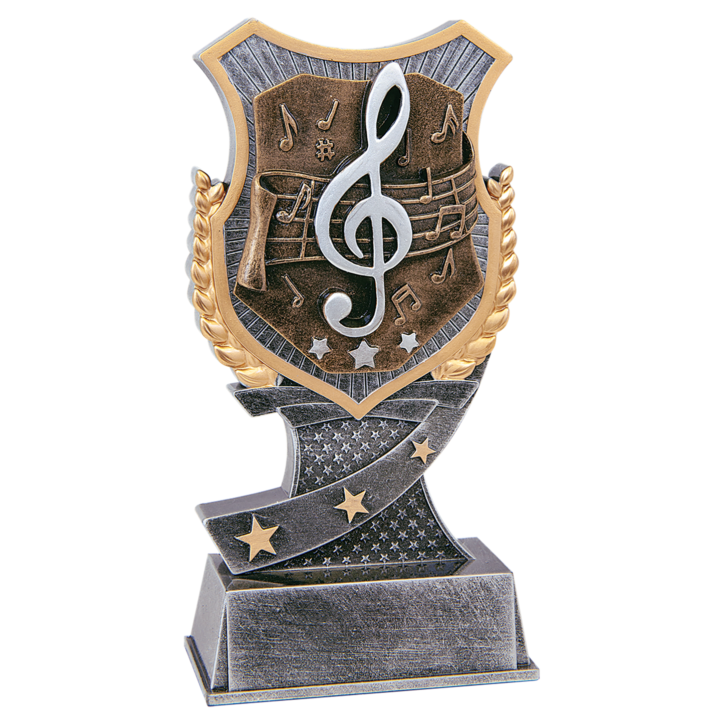 Music Shield Award, 6 inch silver and gold shield resin