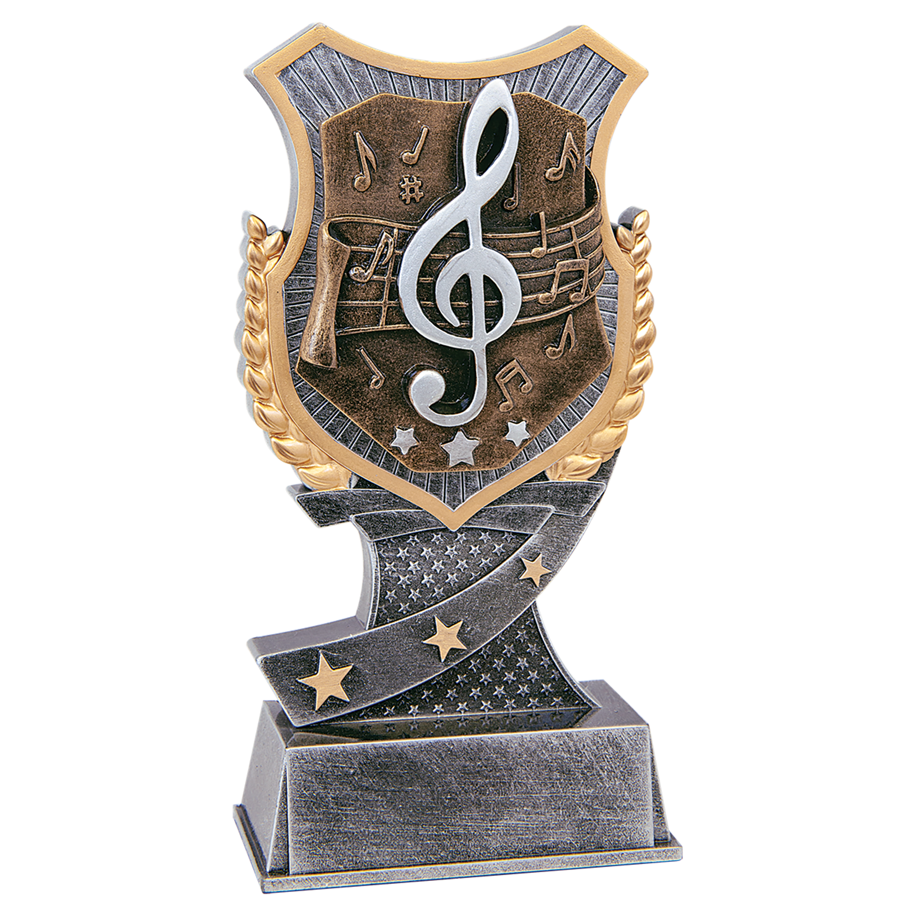 Music Shield Award, 6 inch silver and gold shield resin