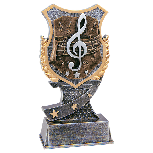 Music Shield Award, 6 inch silver and gold shield resin