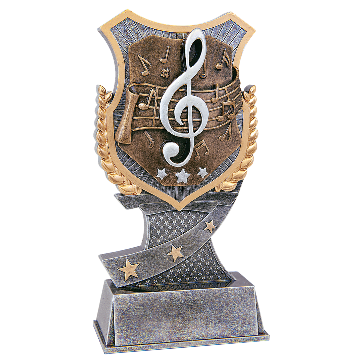 Music Shield Award, 7 inch silver and gold shield resin