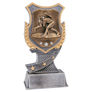 Wrestling Shield resin trophy with a classic crest and wrestling figures