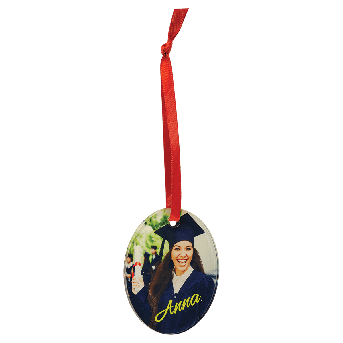 Oval clear acrylic photo ornament with red ribbon