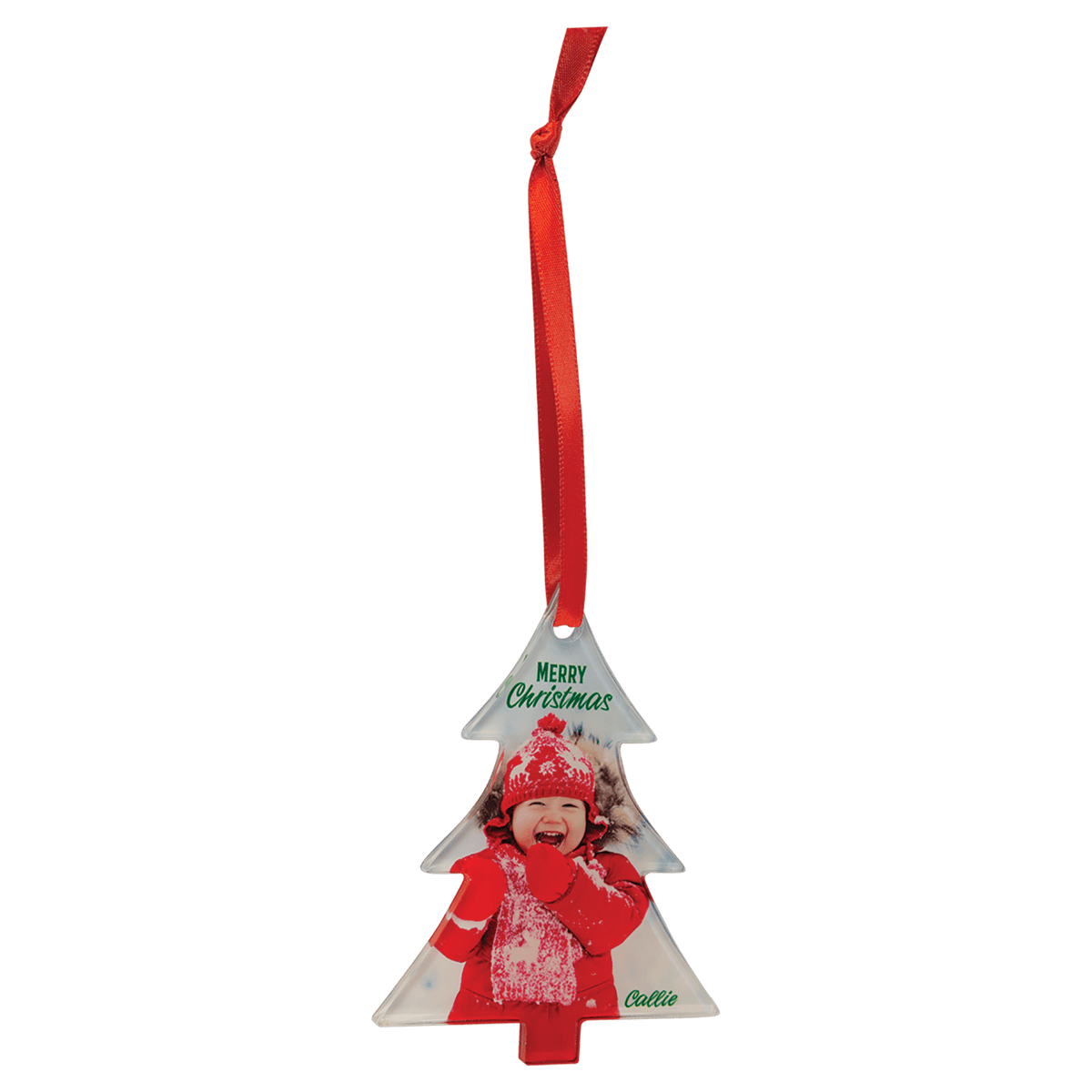 Christmas tree clear acrylic photo ornament with red ribbon