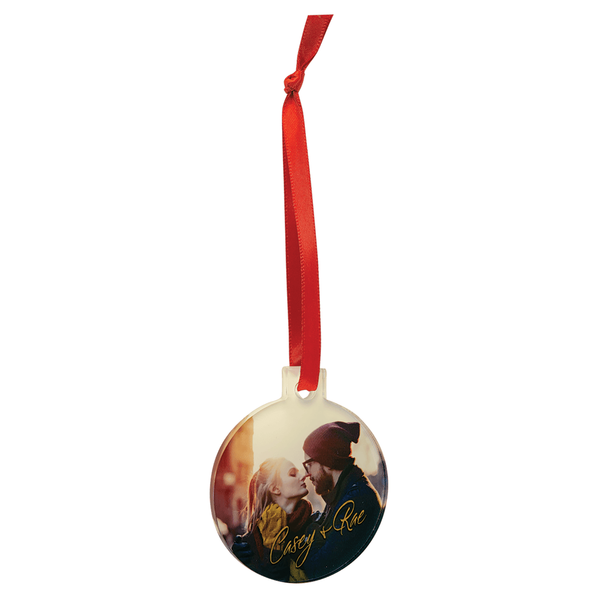 Round clear acrylic photo ornament with red ribbon