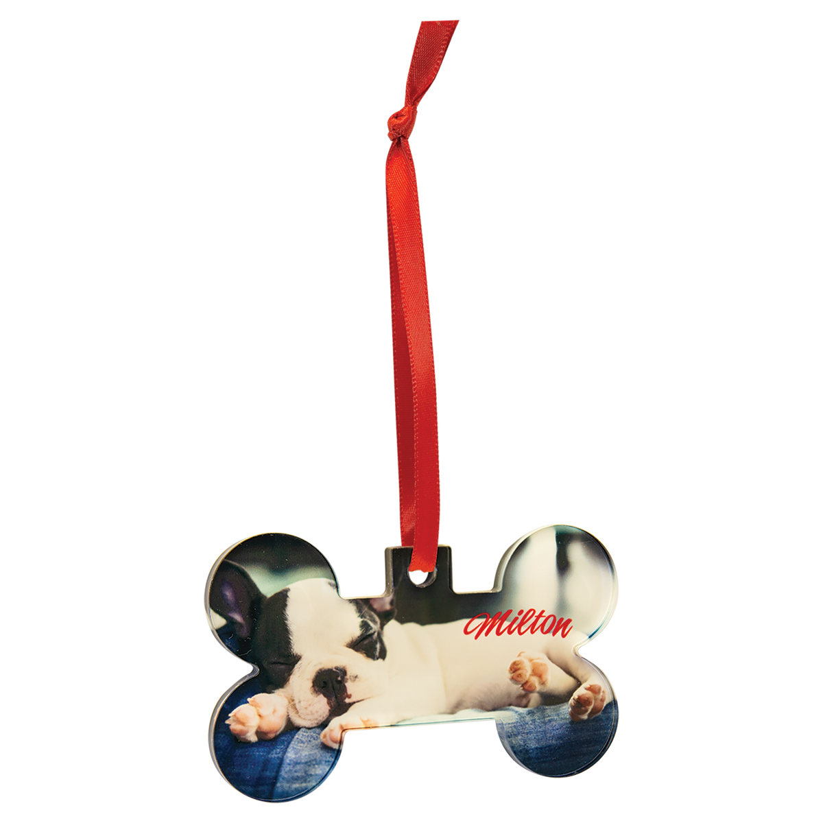 Dog bone clear acrylic photo ornament with red ribbon