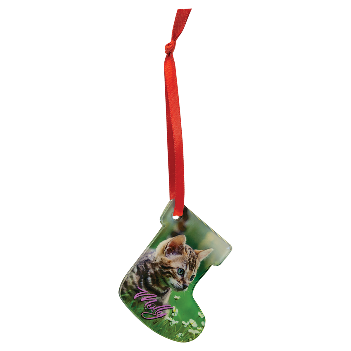 Christmas stocking clear acrylic photo ornament with red ribbon