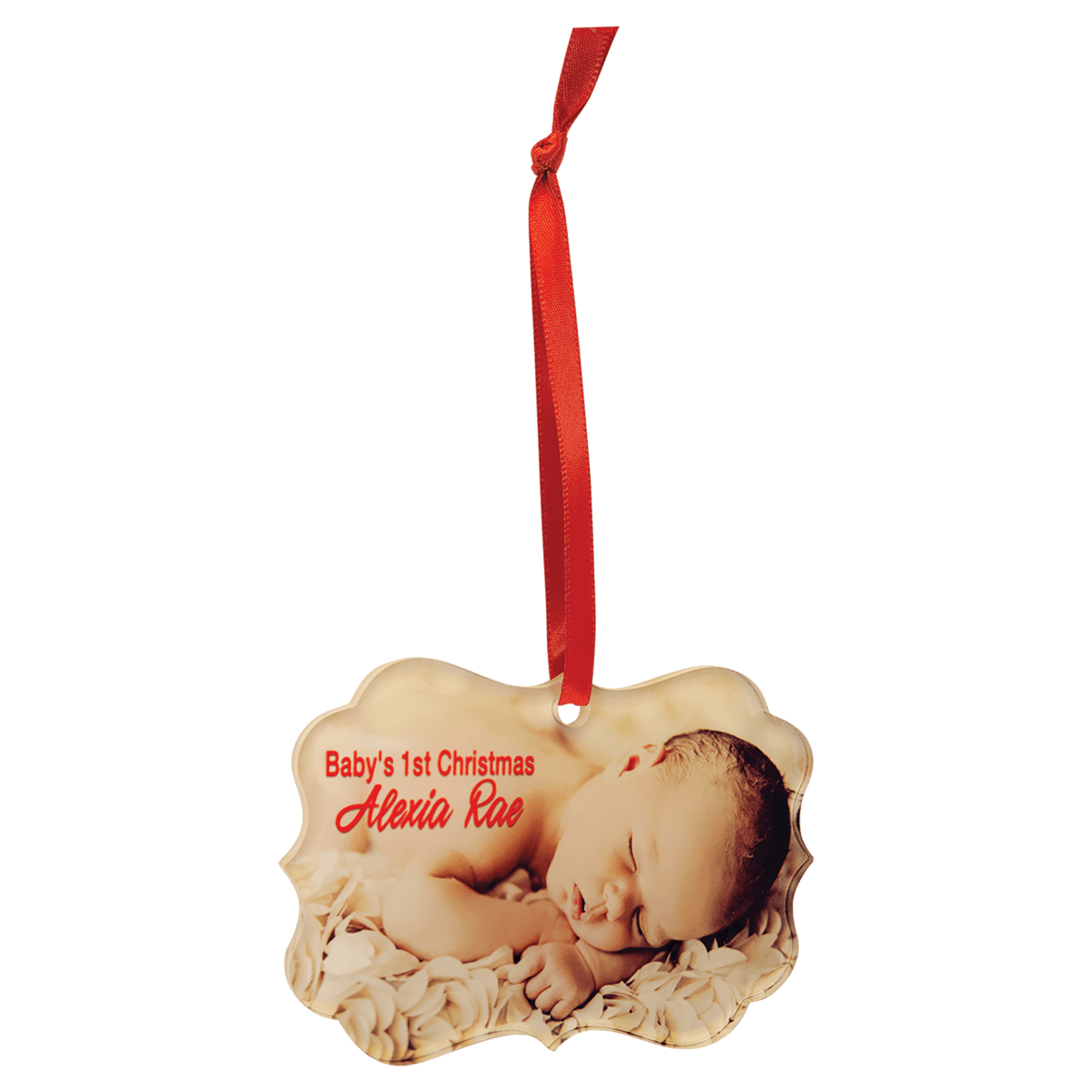Decorative rectangle clear acrylic photo ornament with red ribbon
