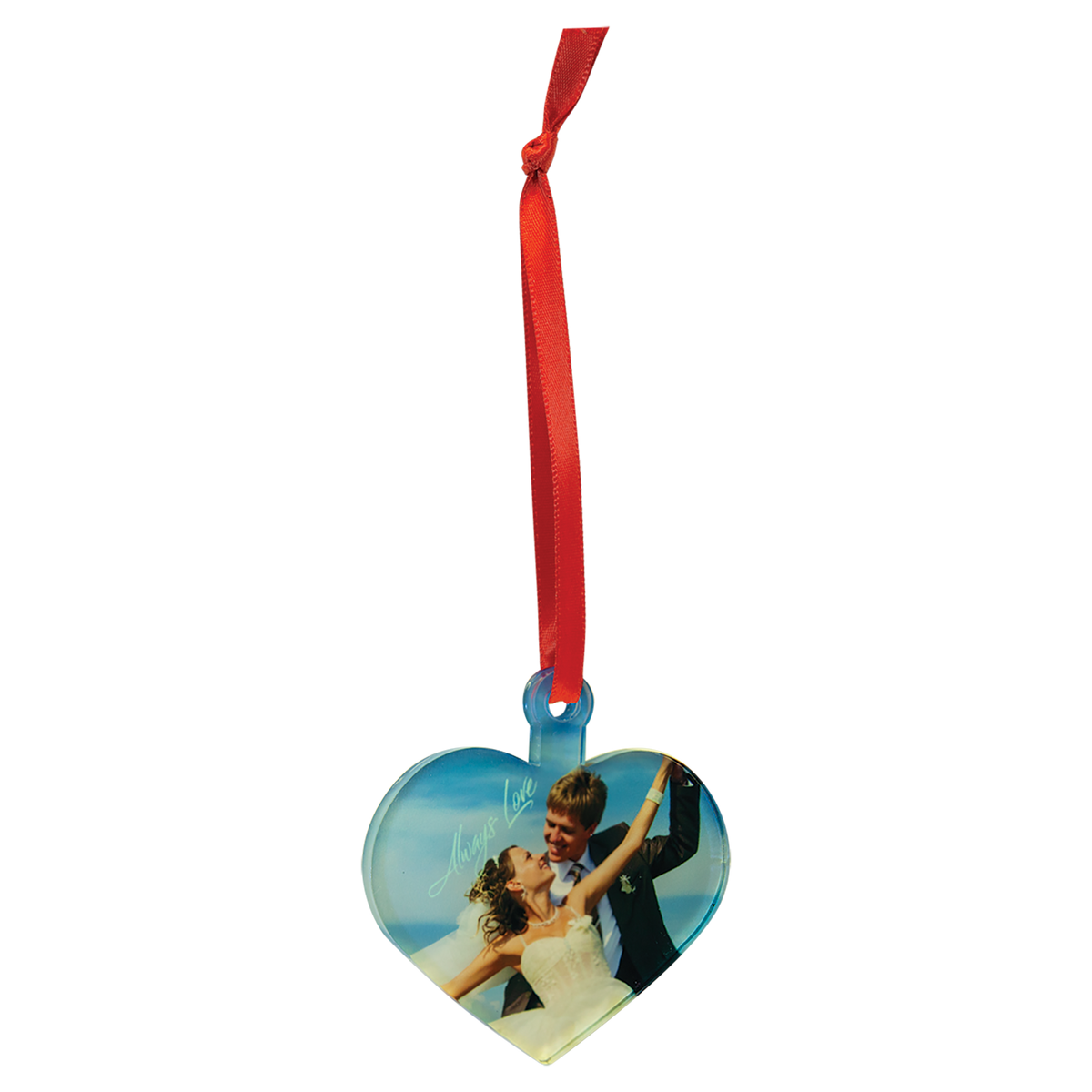Heart clear acrylic photo ornament with red ribbon