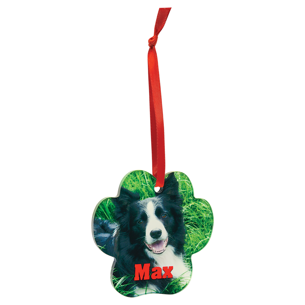 Paw print clear acrylic photo ornament with red ribbon