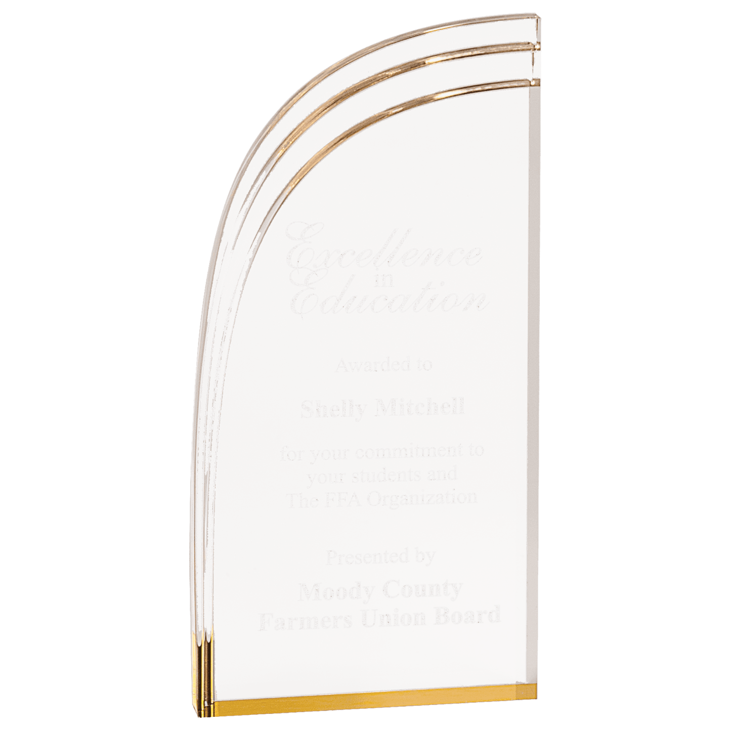 Gold Wave Acrylic award, 4" x 8", self-standing acrylic with clear engraving area