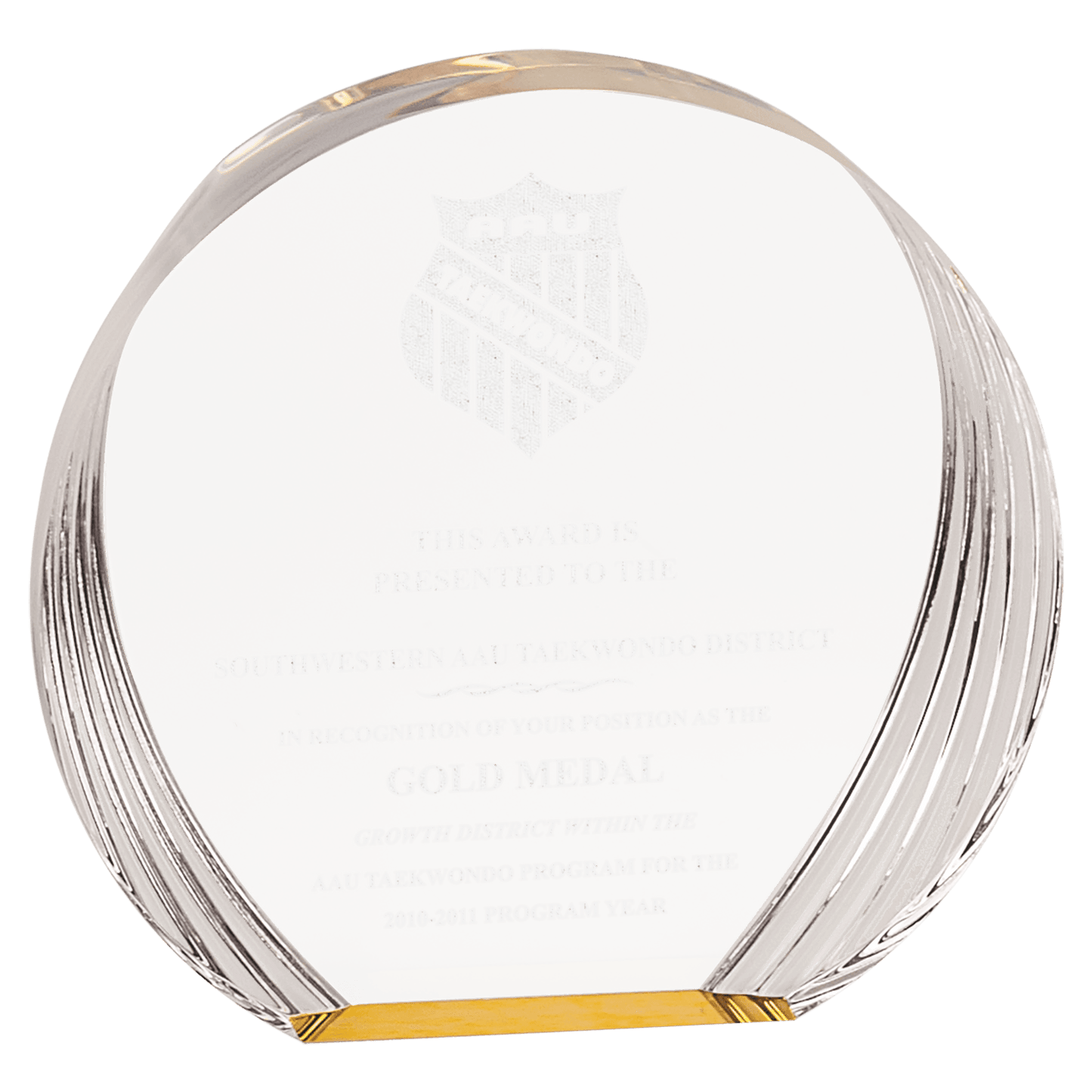 Gold Round Acrylic award, 5 3/8" x 5", self-standing acrylic with clear engraving area