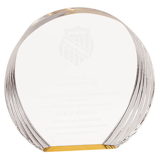 Gold Round Acrylic award, 5 3/8" x 5", self-standing acrylic with clear engraving area