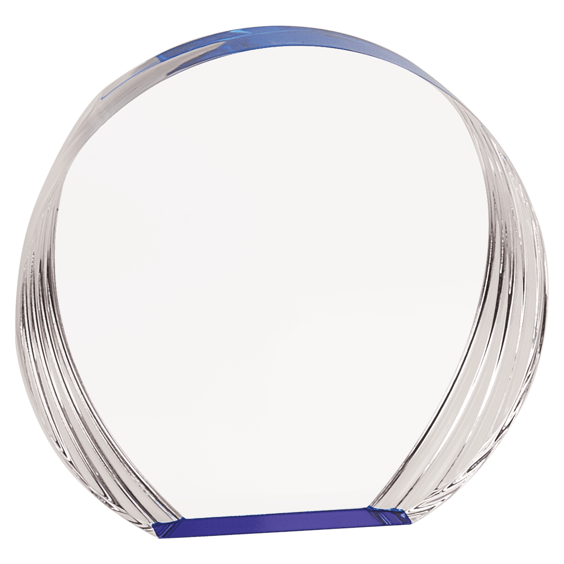 Blue Round Acrylic award, 5 3/8" x 5", self-standing acrylic with clear engraving area