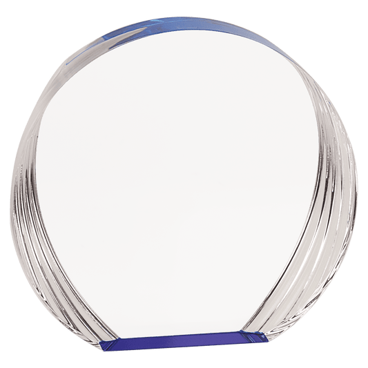 Blue Round Acrylic award, 5 3/8" x 5", self-standing acrylic with clear engraving area