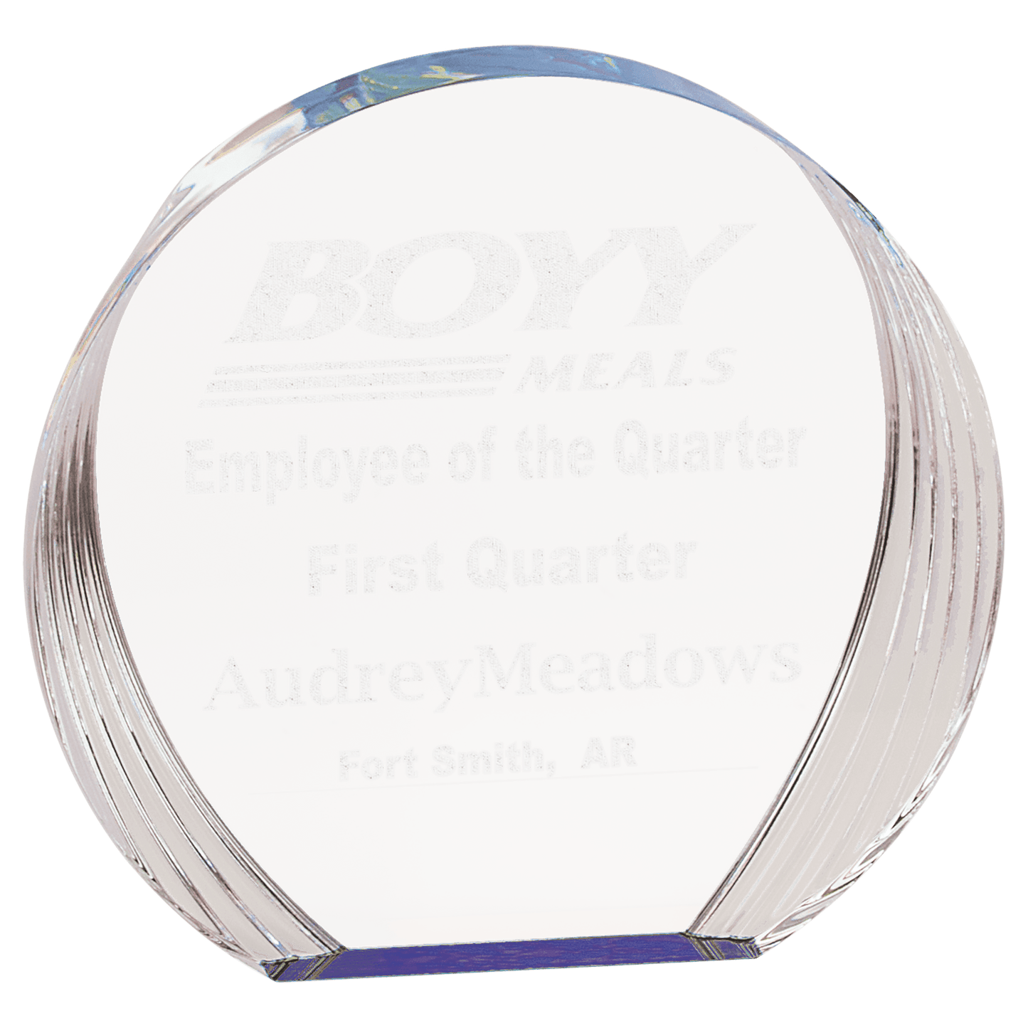 Blue Round Acrylic award, 6 1/2" x 6", self-standing acrylic with clear engraving area