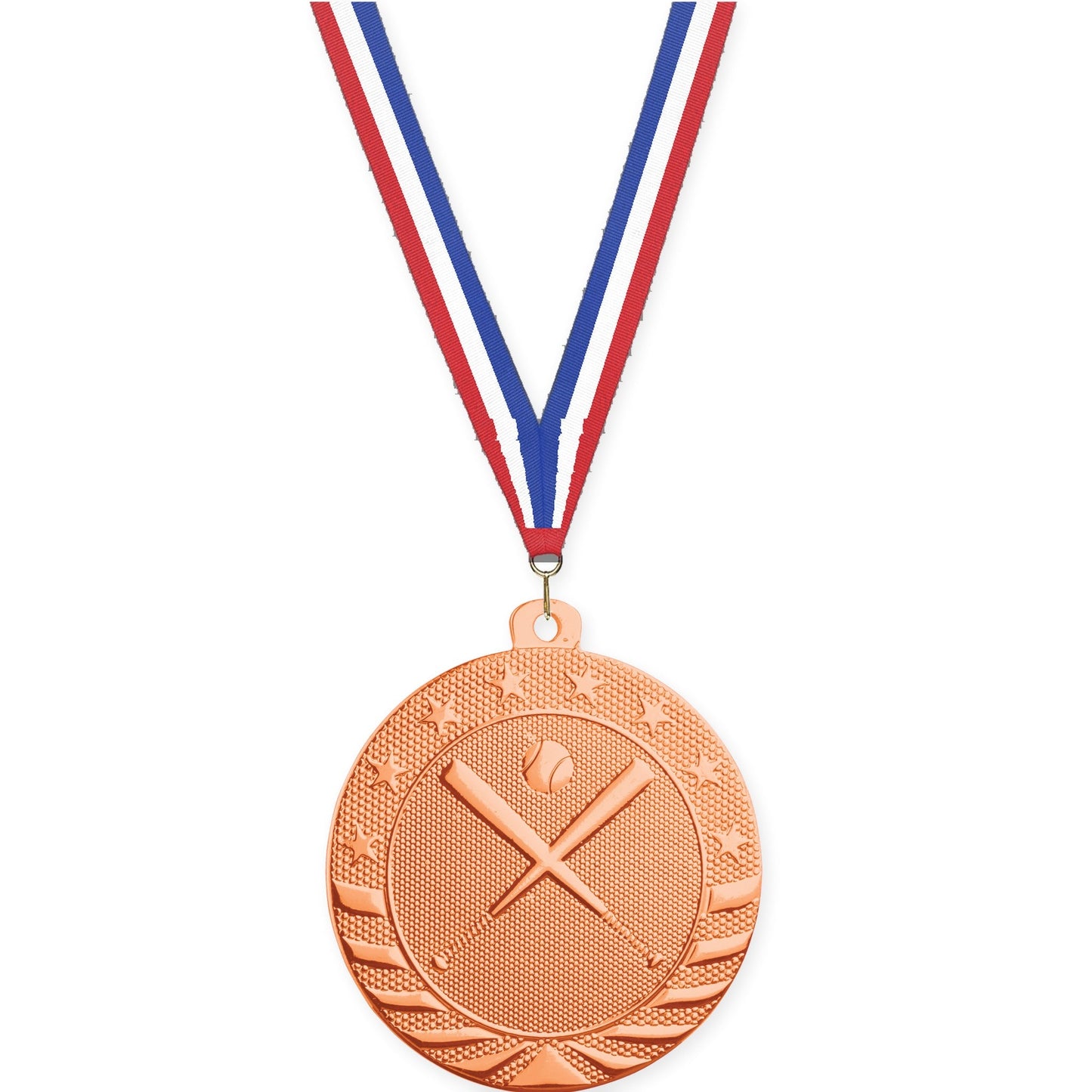2 inch baseball and softball Starbrite medal in bright bronze with Red White Blue neck ribbon