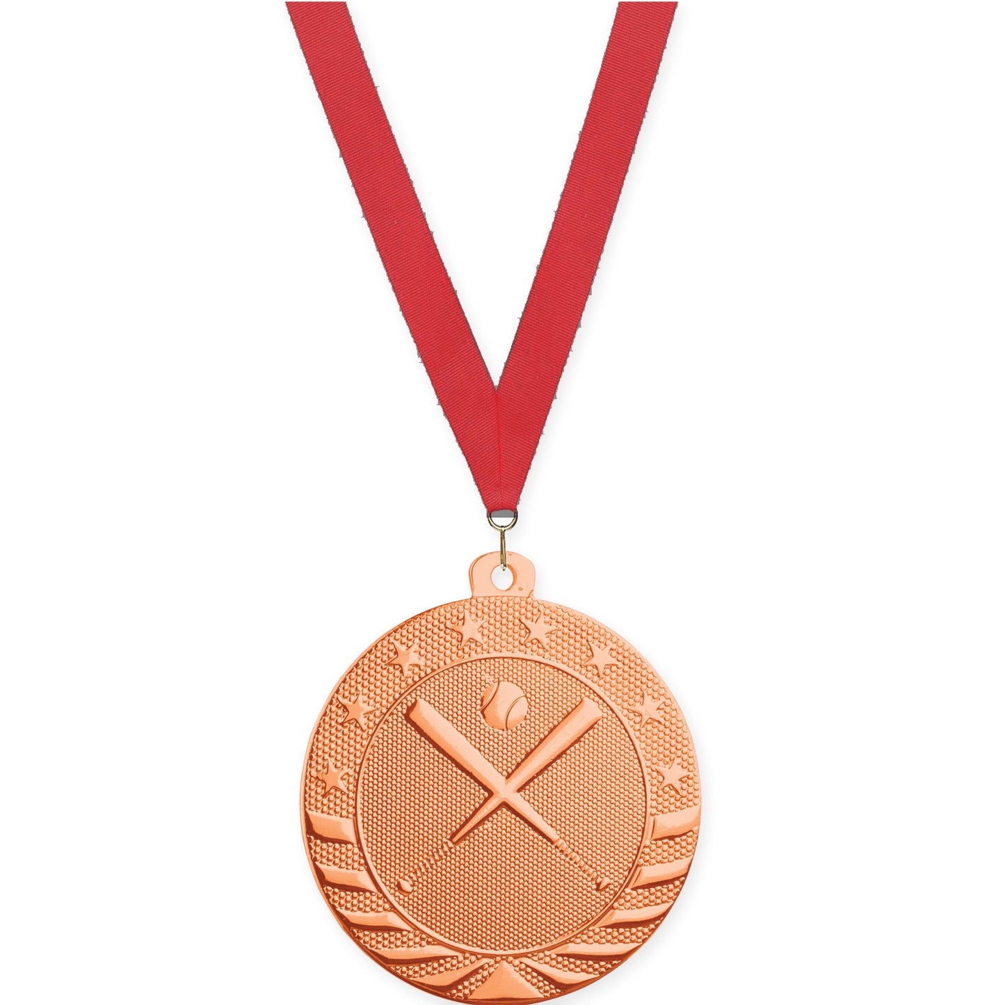 2 inch baseball and softball Starbrite medal in bright bronze with Red neck ribbon