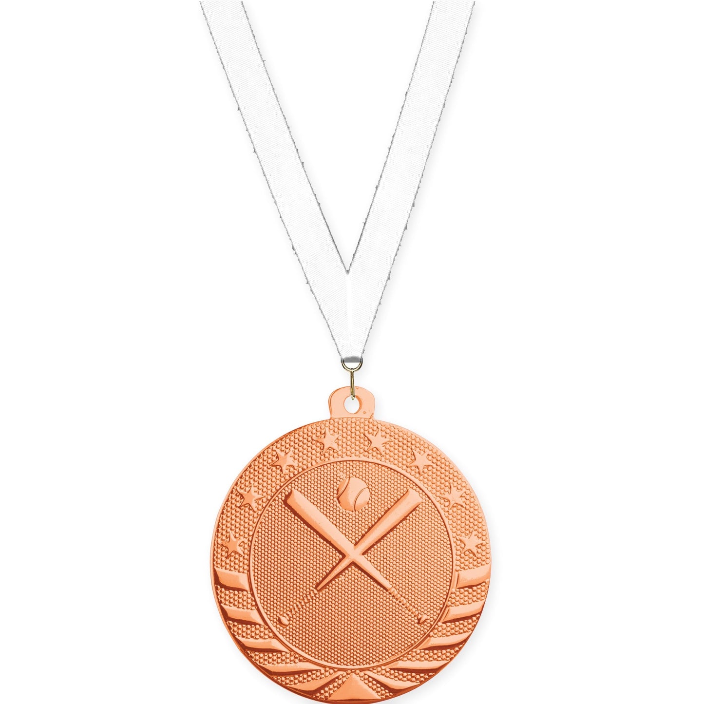 2 inch baseball and softball Starbrite medal in bright bronze with White neck ribbon
