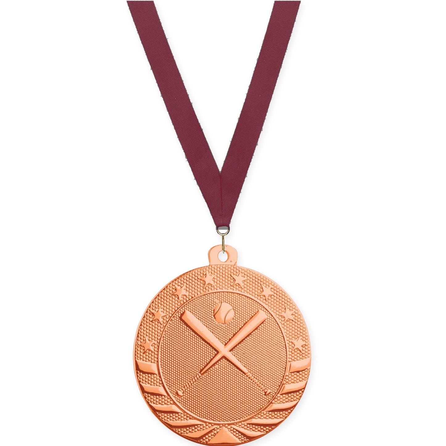 2 inch baseball and softball Starbrite medal in bright bronze with Maroon neck ribbon