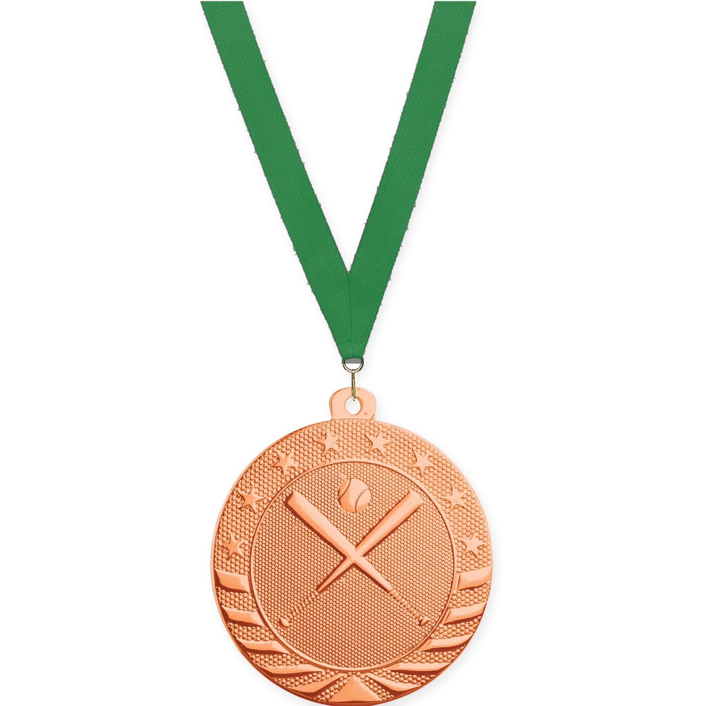 2 inch baseball and softball Starbrite medal in bright bronze with Green neck ribbon