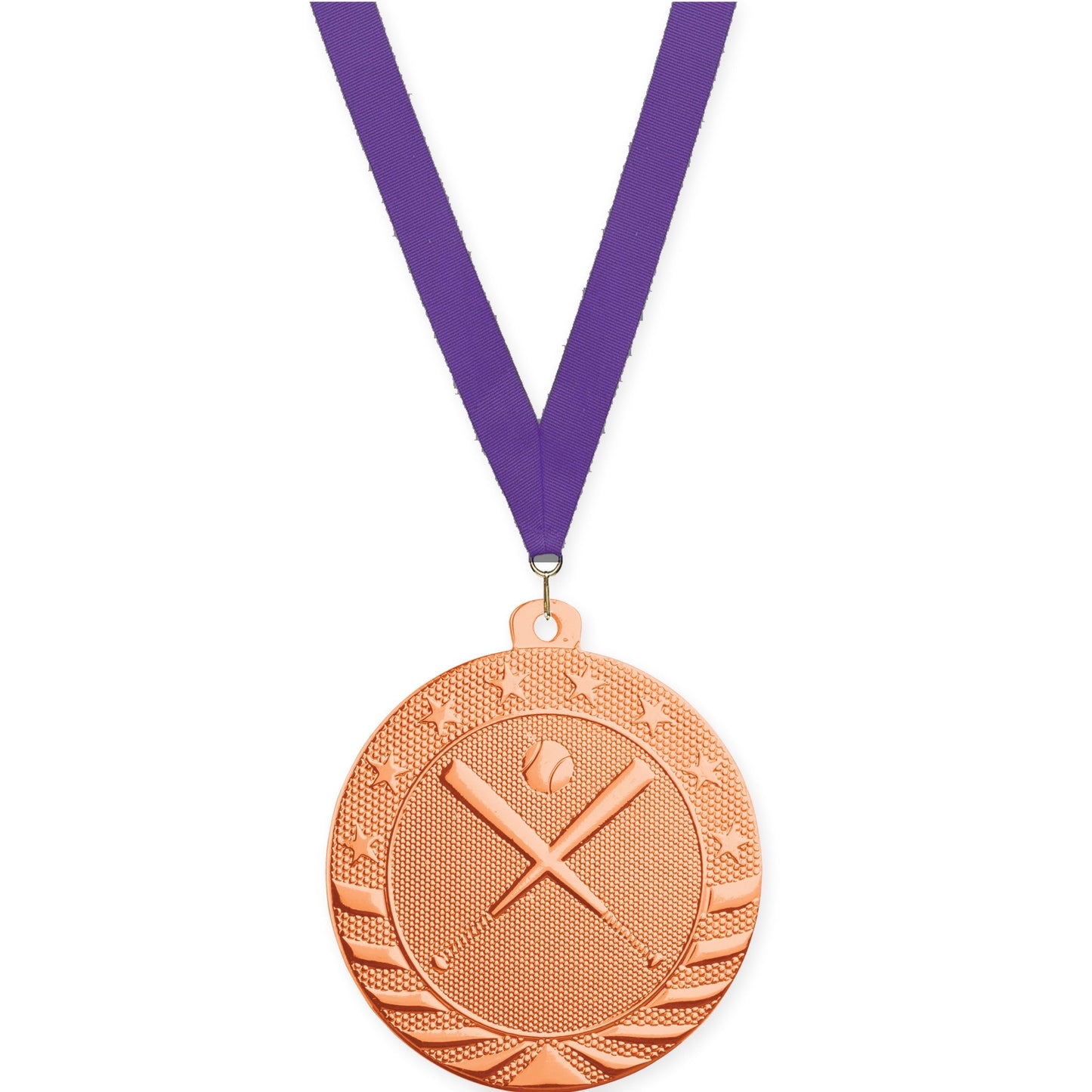 2 inch baseball and softball Starbrite medal in bright bronze with Purple neck ribbon
