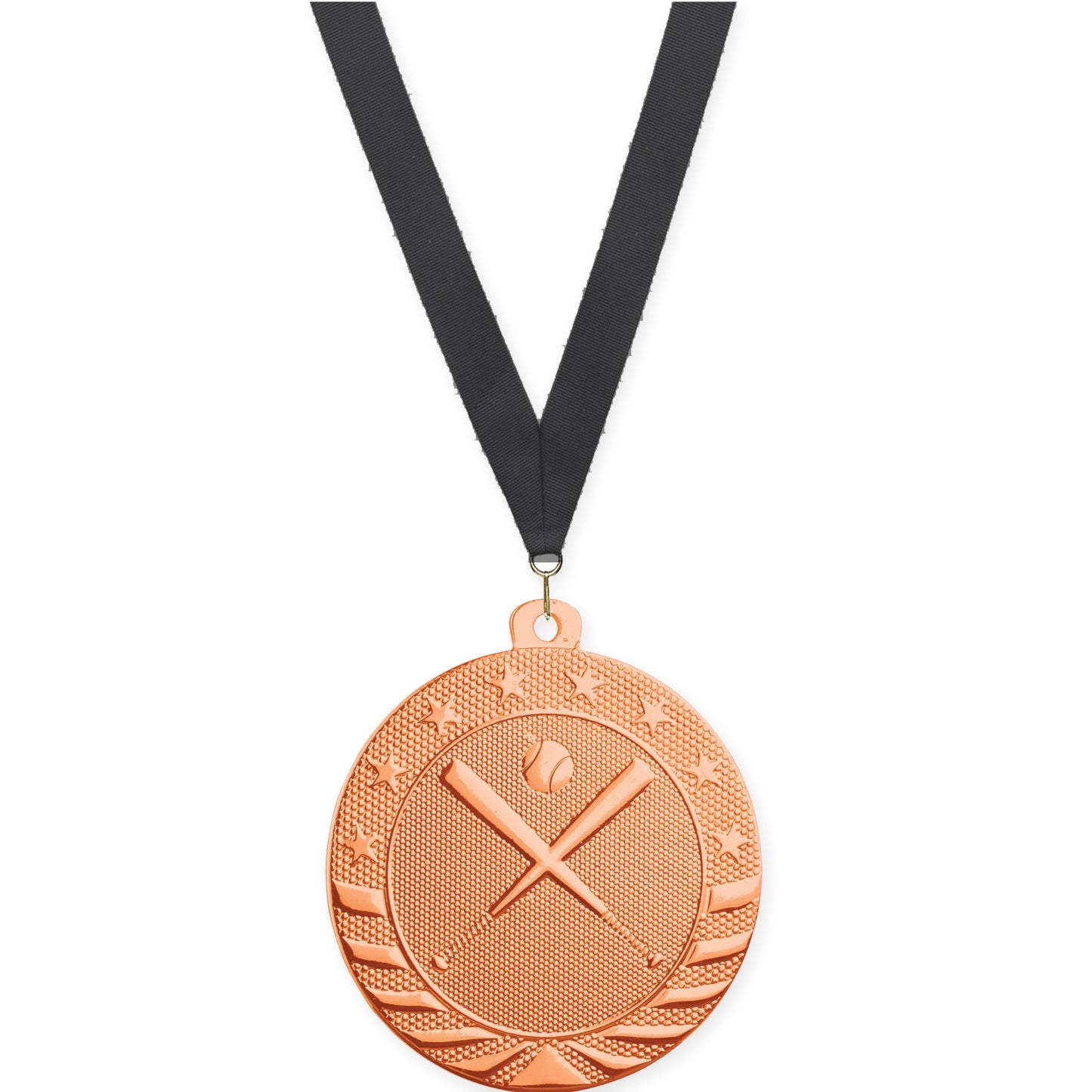 2 inch baseball and softball Starbrite medal in bright bronze with Black neck ribbon