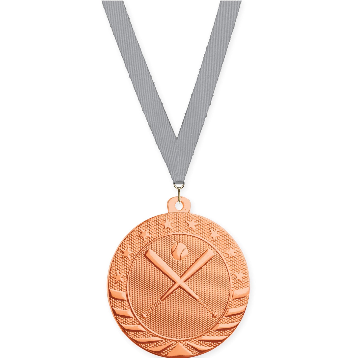 2 inch baseball and softball Starbrite medal in bright bronze with Gray neck ribbon