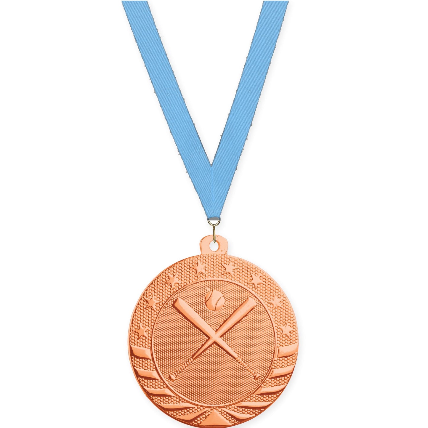2 inch baseball and softball Starbrite medal in bright bronze with Light Blue neck ribbon