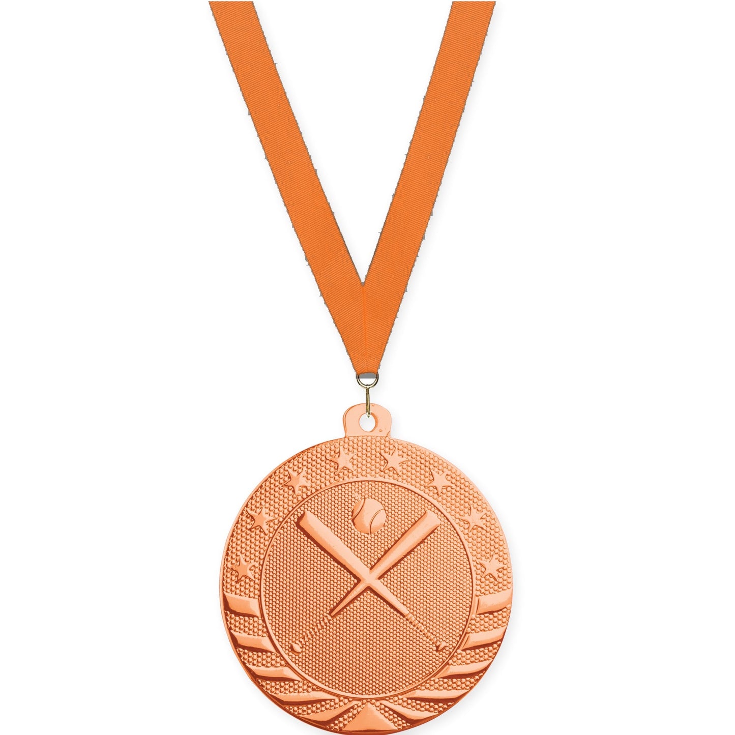 2 inch baseball and softball Starbrite medal in bright bronze with Orange neck ribbon