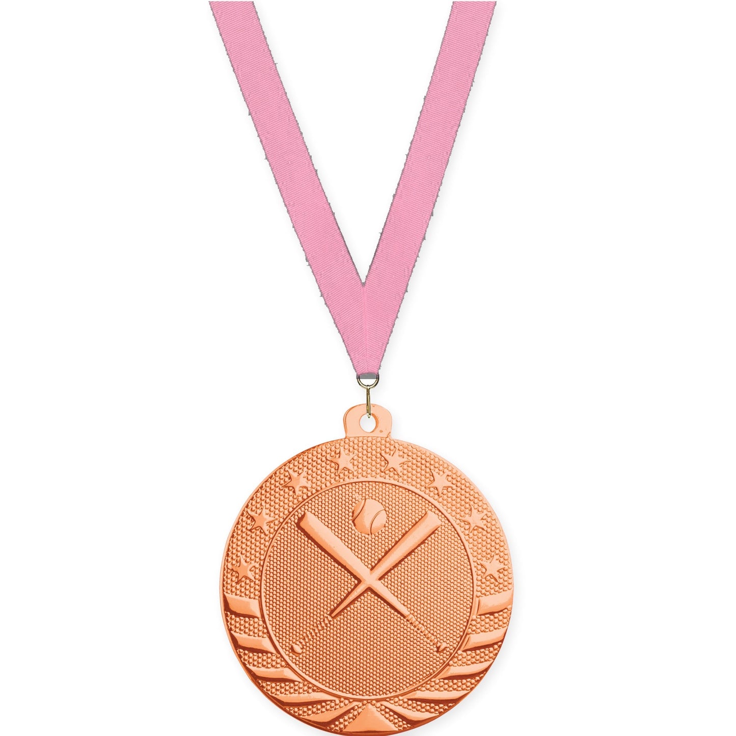 2 inch baseball and softball Starbrite medal in bright bronze with Pink neck ribbon