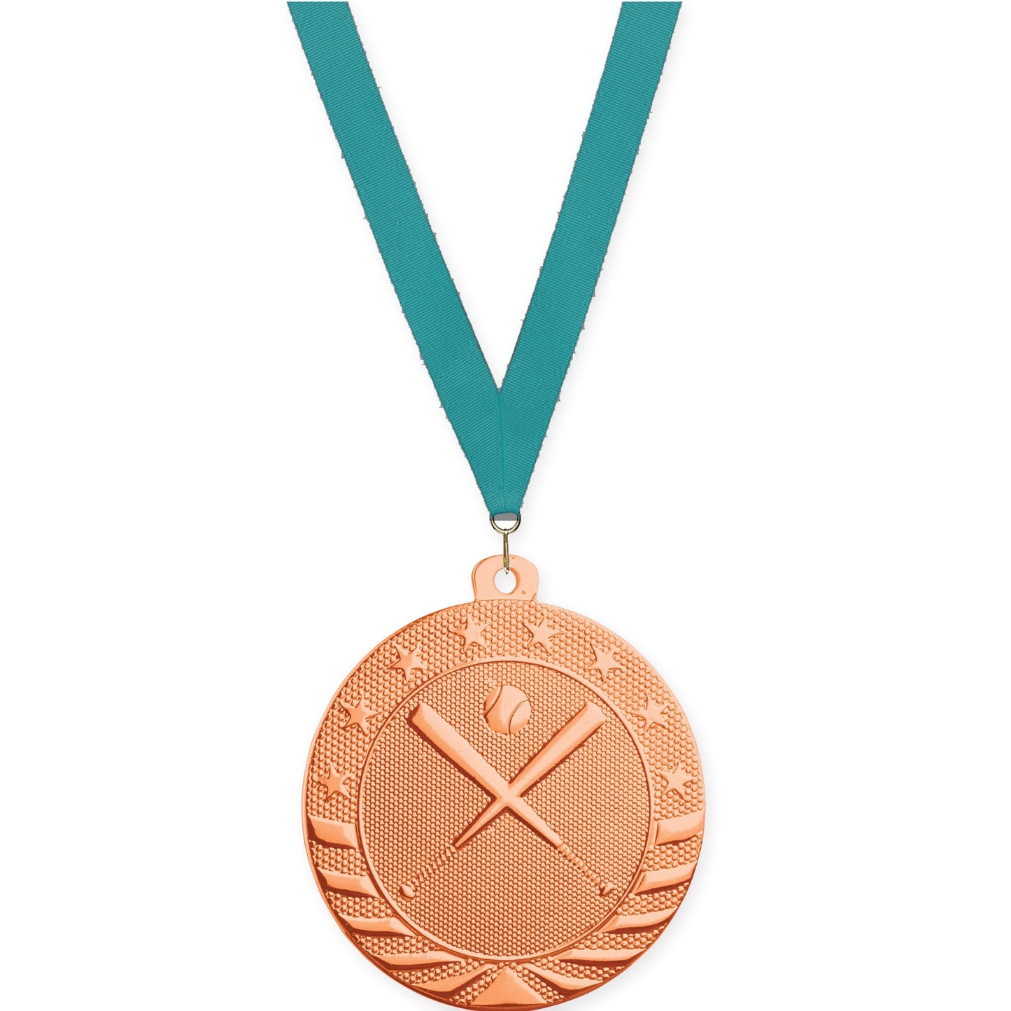 2 inch baseball and softball Starbrite medal in bright bronze with Teal neck ribbon