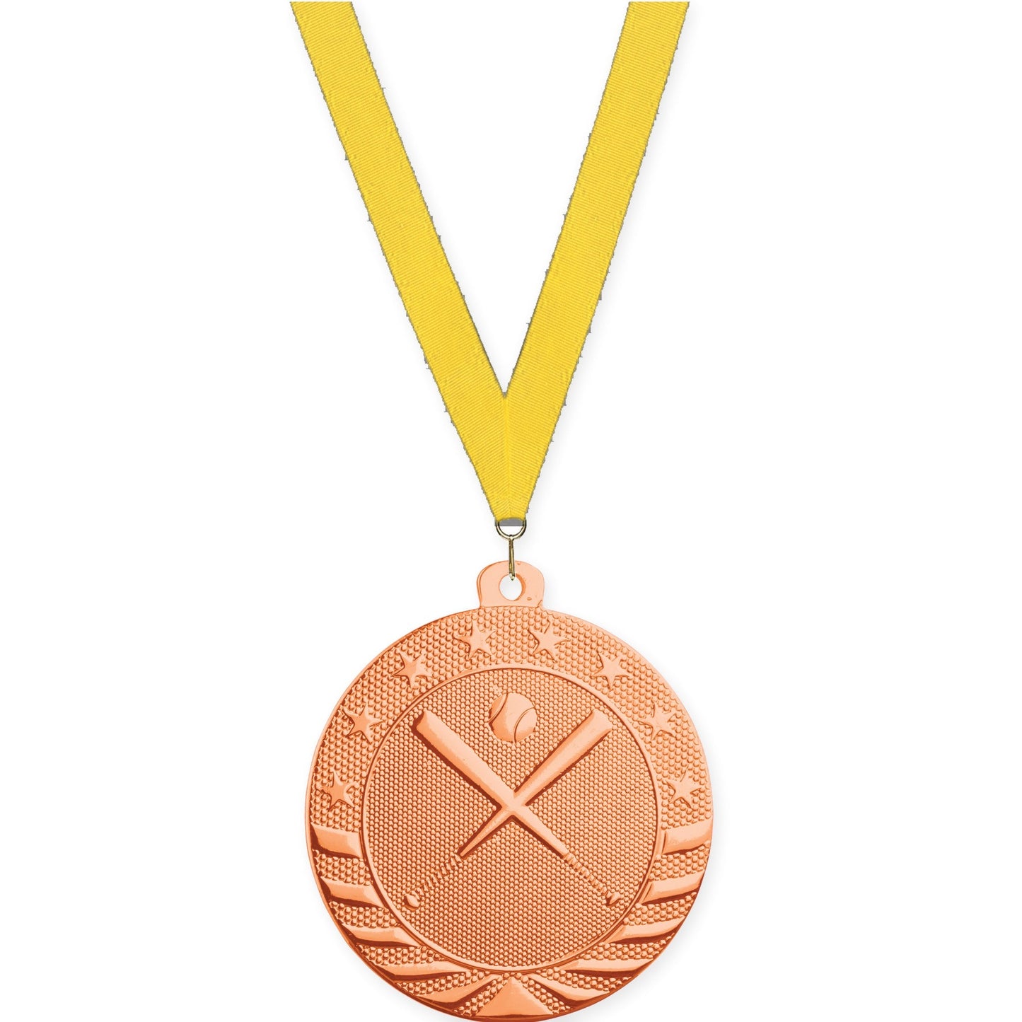 2 inch baseball and softball Starbrite medal in bright bronze with Yellow neck ribbon