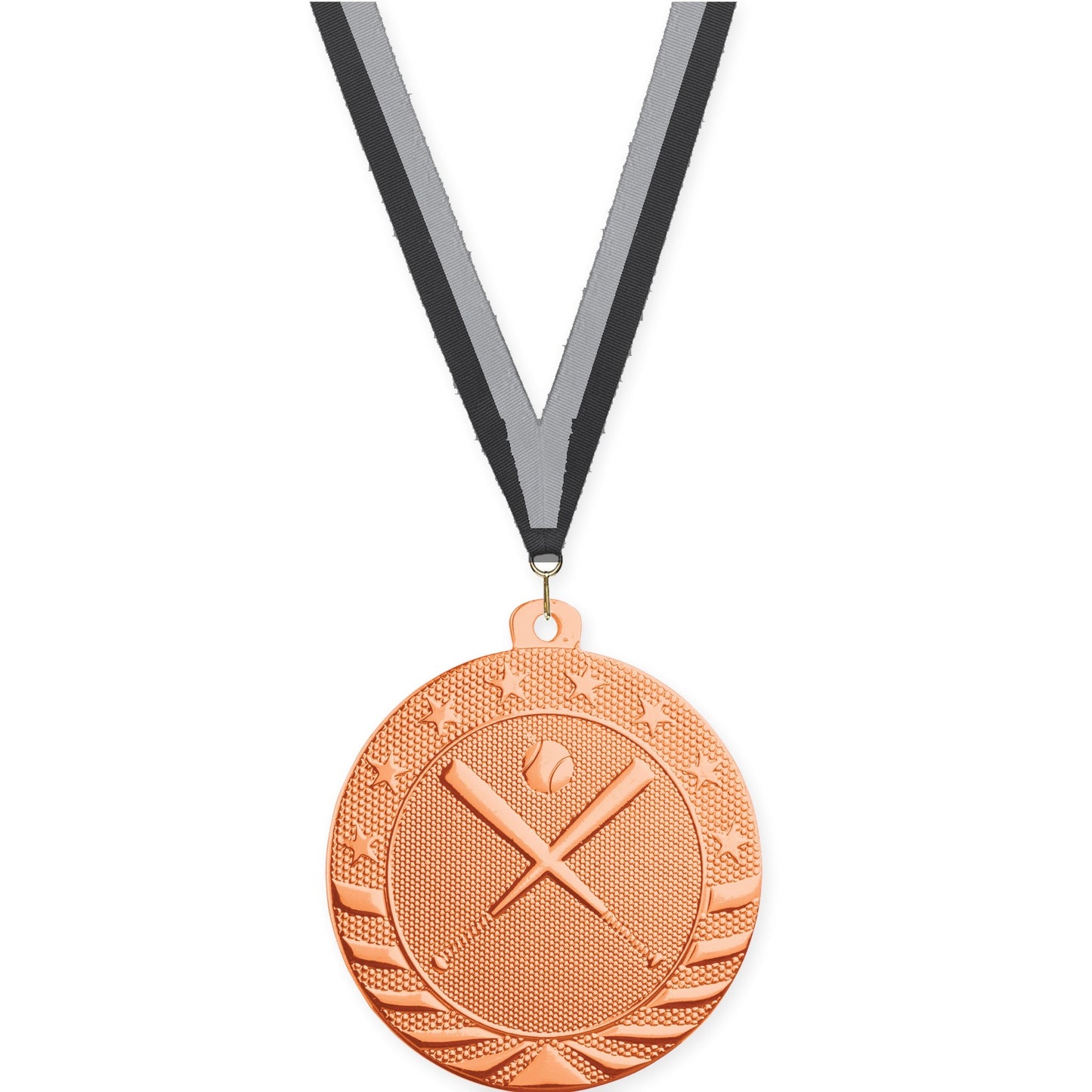 2 inch baseball and softball Starbrite medal in bright bronze with Black Gray neck ribbon