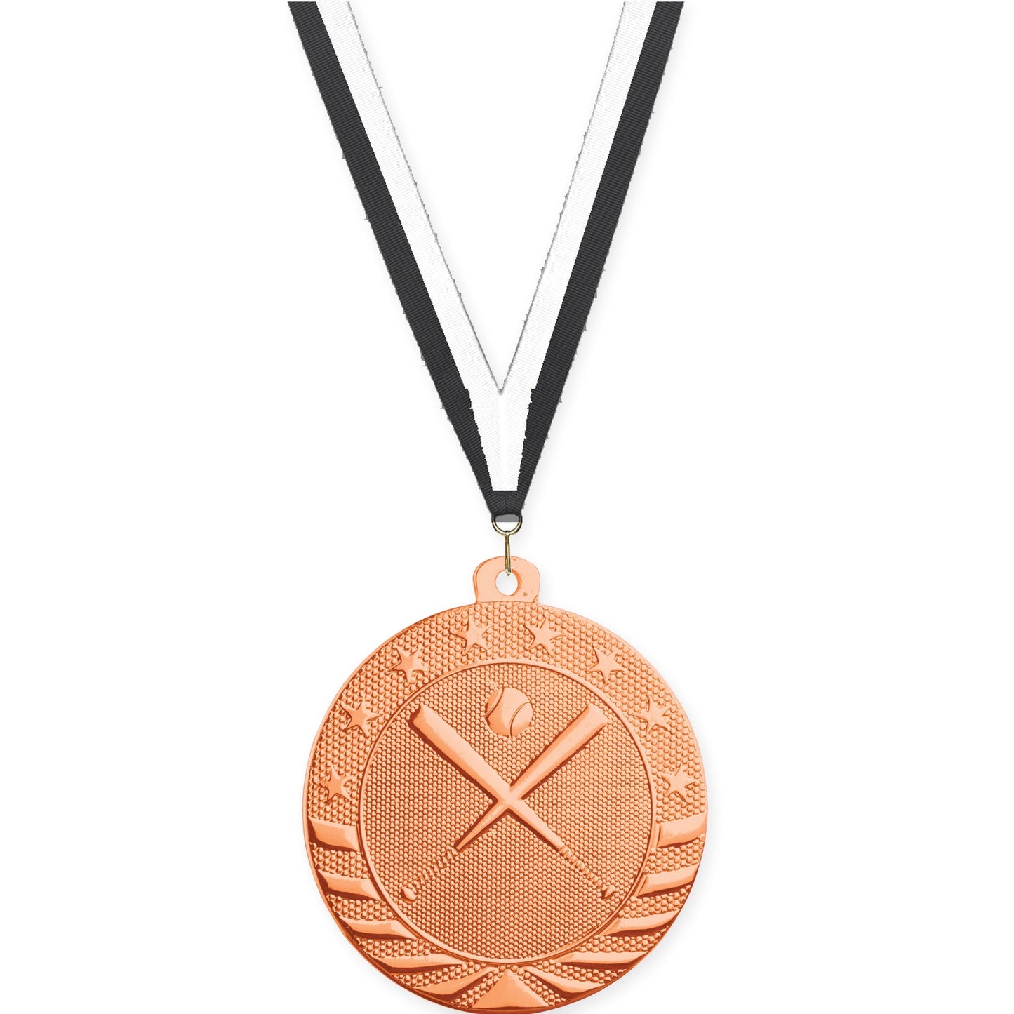 2 inch baseball and softball Starbrite medal in bright bronze with Black White neck ribbon