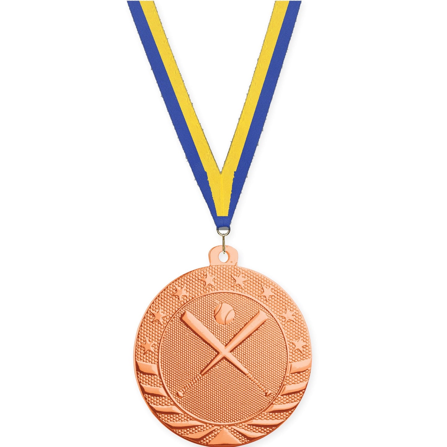 2 inch baseball and softball Starbrite medal in bright bronze with Blue Yellow neck ribbon