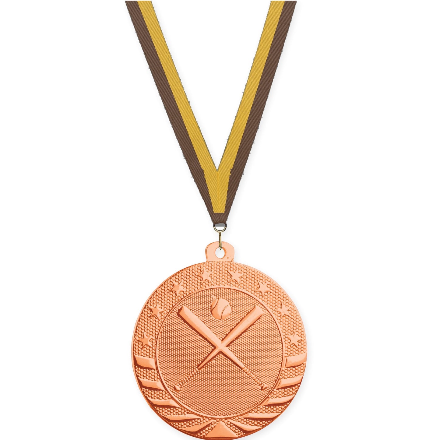 2 inch baseball and softball Starbrite medal in bright bronze with Brown Gold neck ribbon