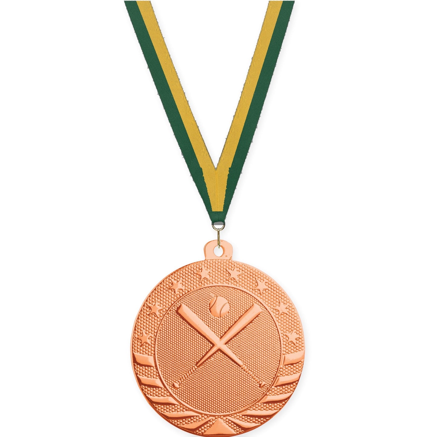 2 inch baseball and softball Starbrite medal in bright bronze with Hunter Green Gold neck ribbon