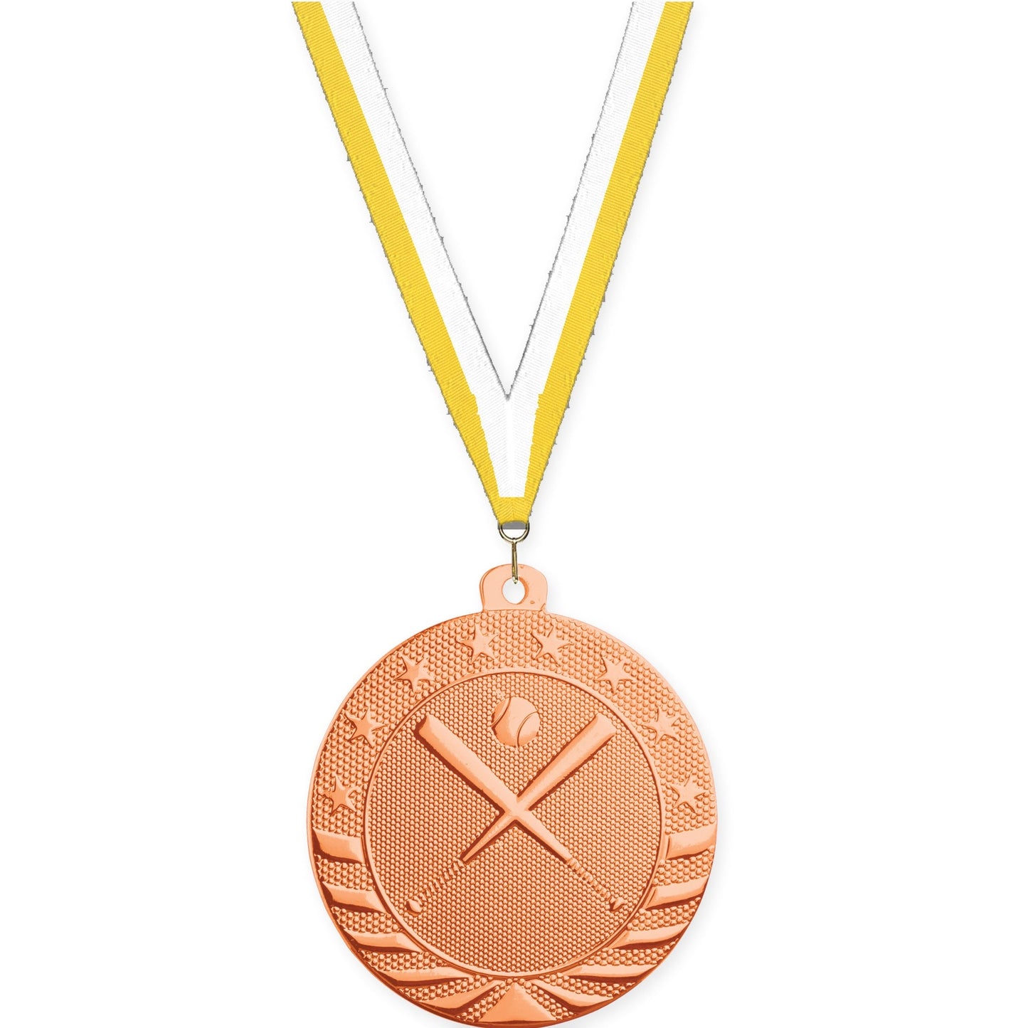 2 inch baseball and softball Starbrite medal in bright bronze with Yellow White neck ribbon