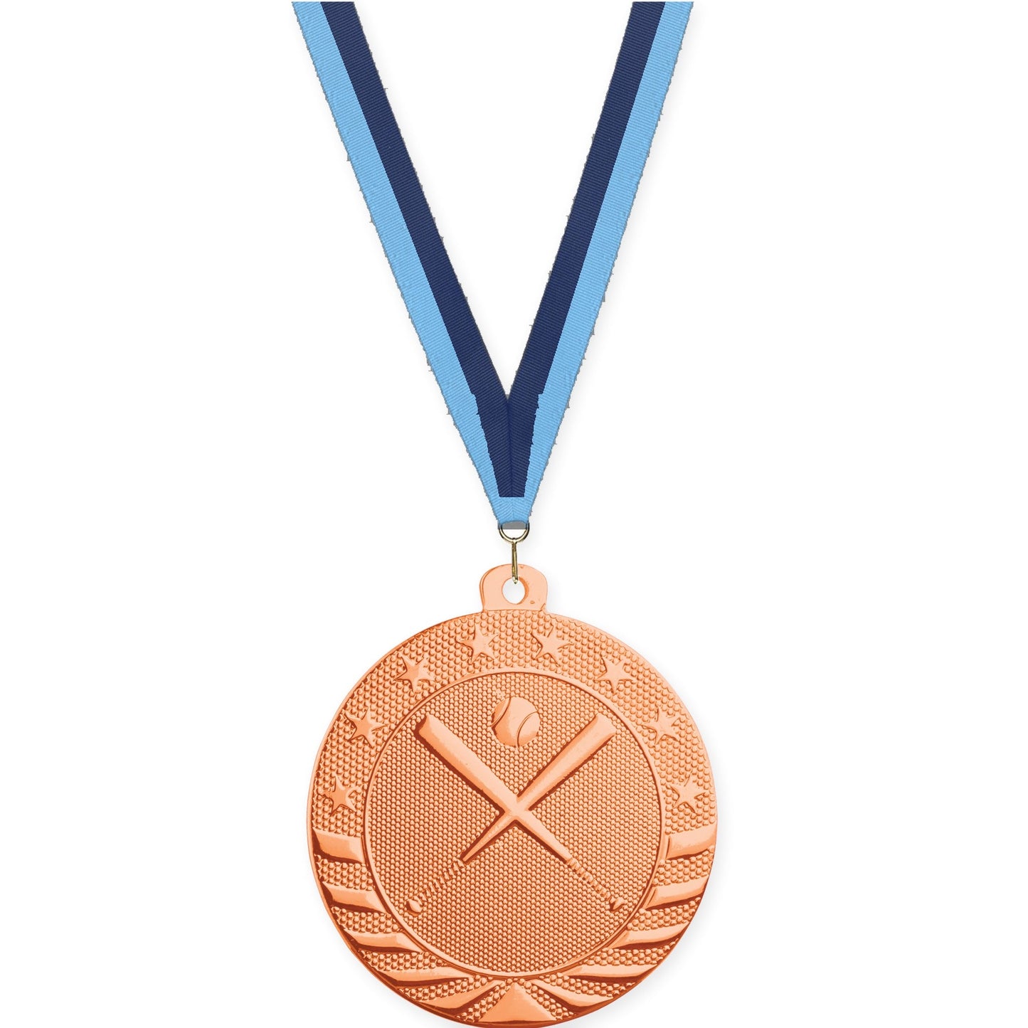 2 inch baseball and softball Starbrite medal in bright bronze with Light Blue Navy neck ribbon