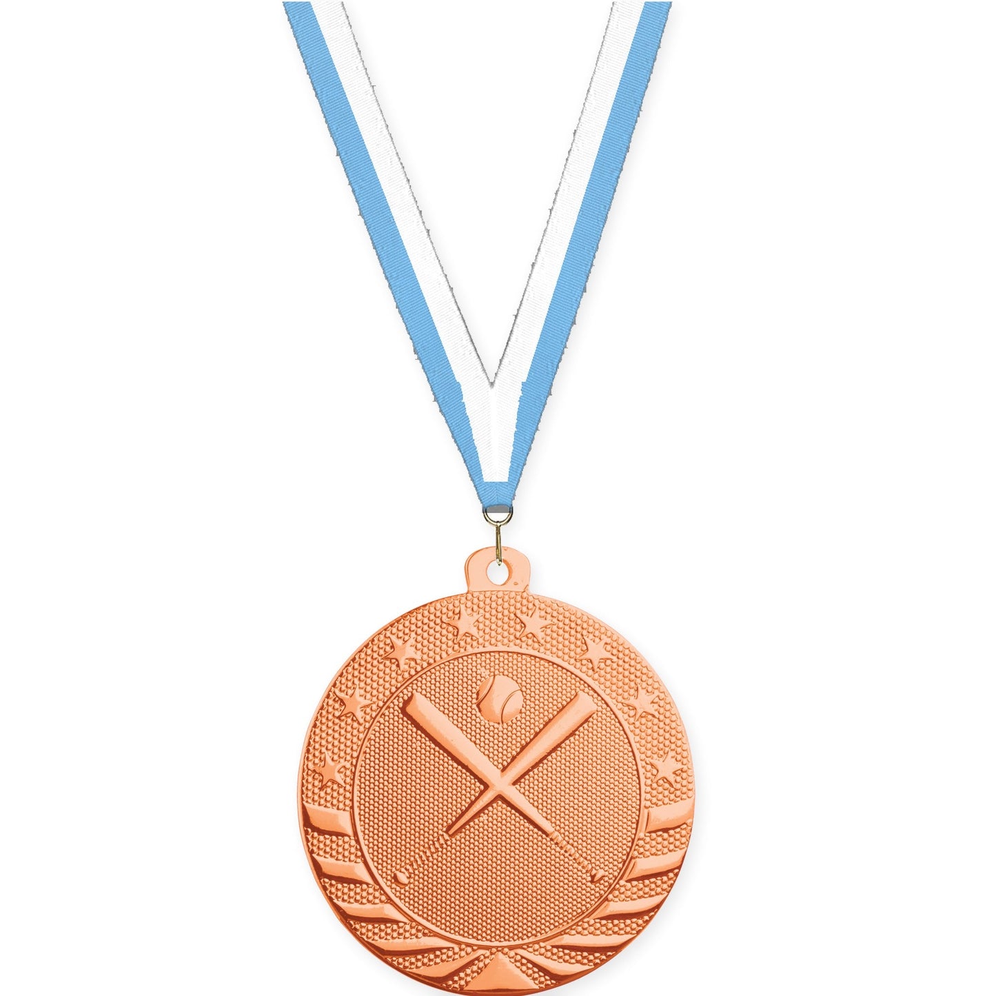 2 inch baseball and softball Starbrite medal in bright bronze with Light Blue White neck ribbon