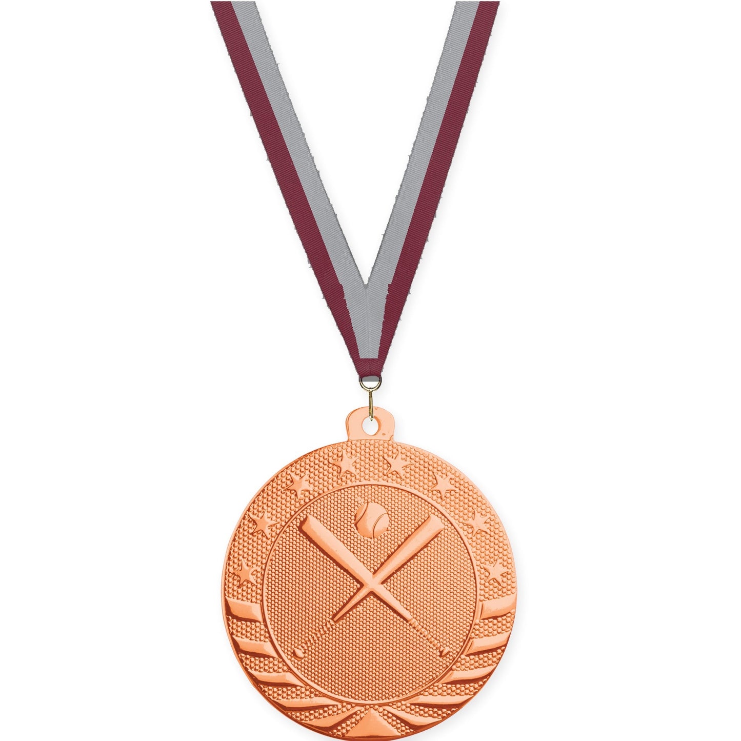 2 inch baseball and softball Starbrite medal in bright bronze with Maroon Gray neck ribbon