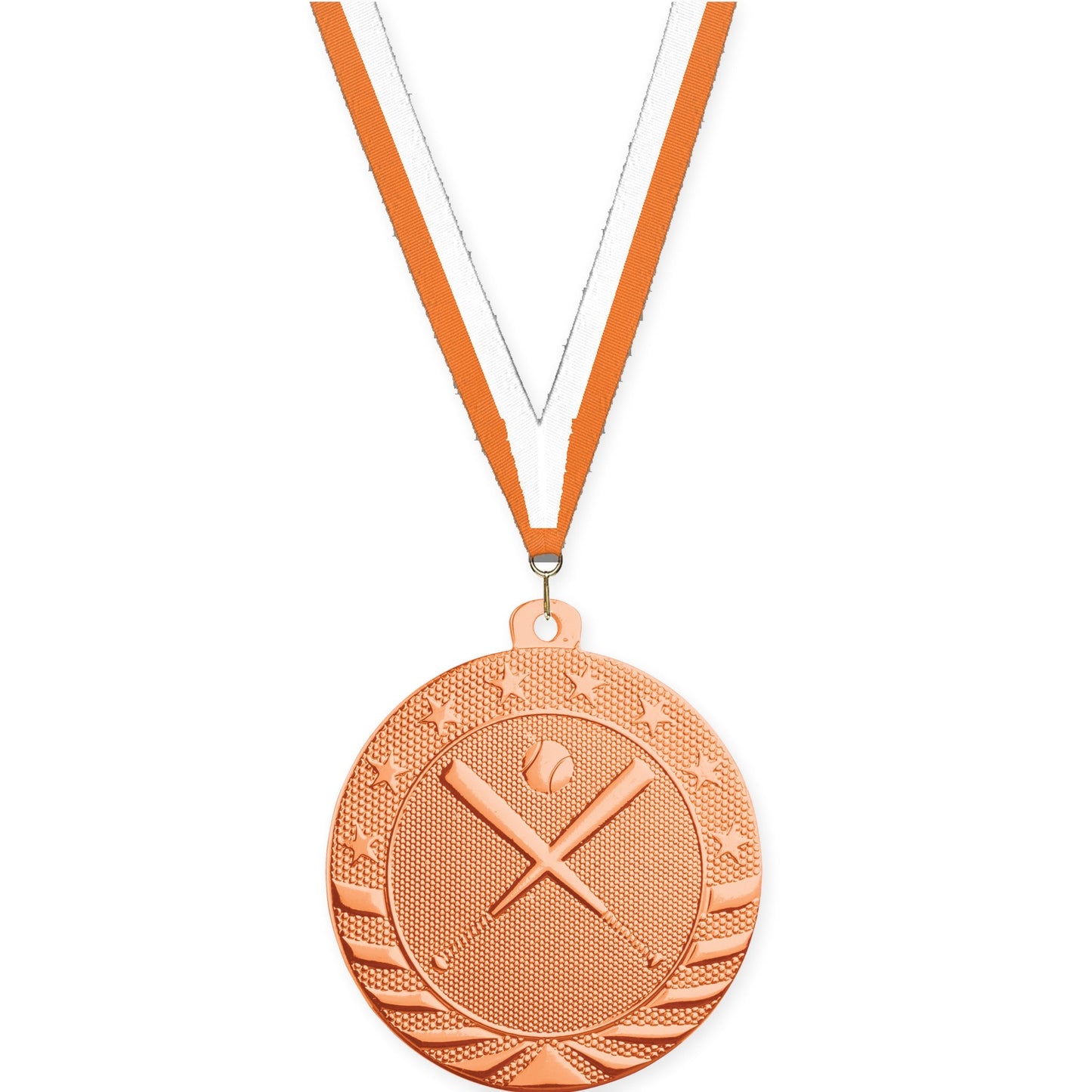 2 inch baseball and softball Starbrite medal in bright bronze with Orange White neck ribbon