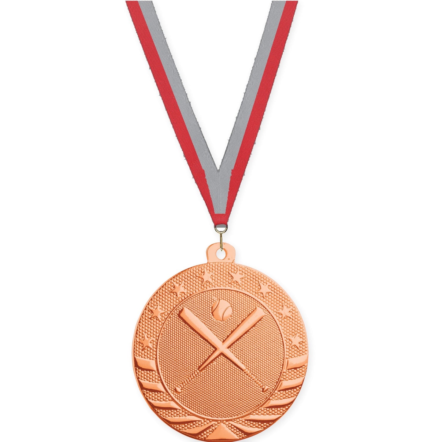 2 inch baseball and softball Starbrite medal in bright bronze with Red Gray neck ribbon