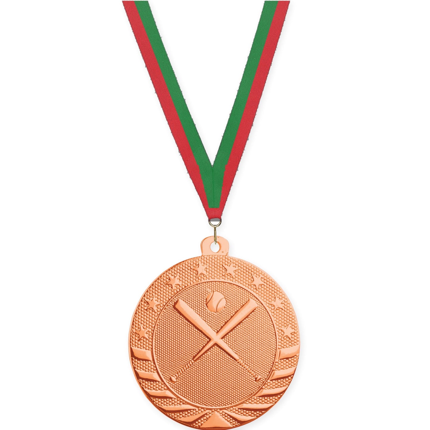 2 inch baseball and softball Starbrite medal in bright bronze with Red Green neck ribbon