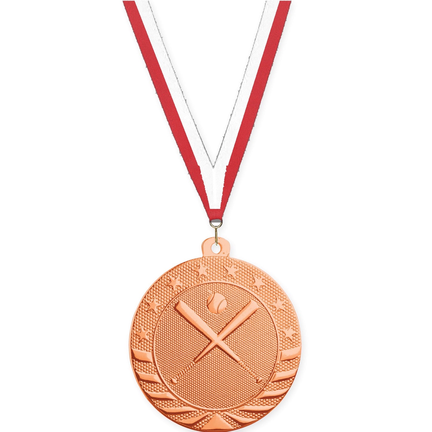 2 inch baseball and softball Starbrite medal in bright bronze with Red White neck ribbon