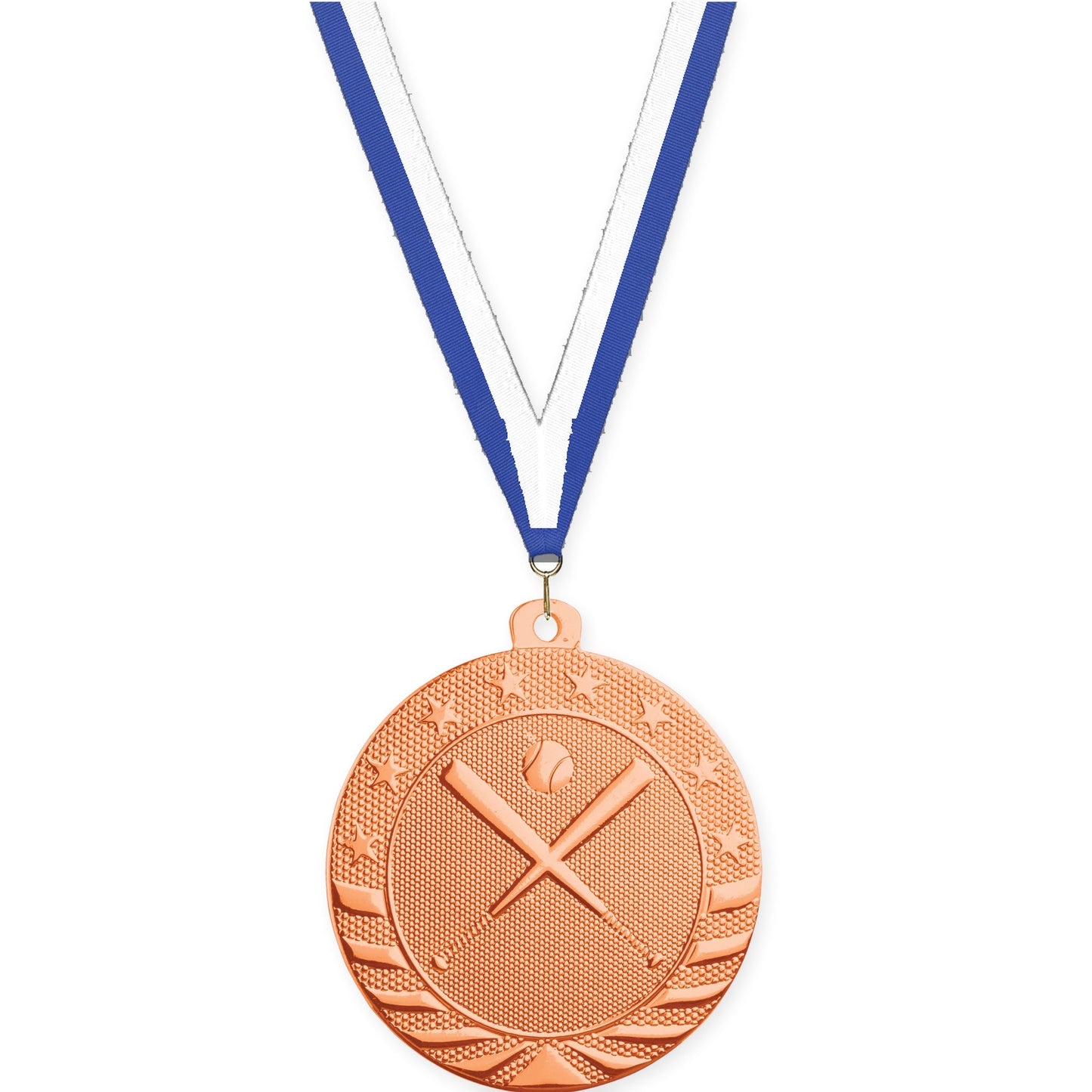 2 inch baseball and softball Starbrite medal in bright bronze with Blue White neck ribbon
