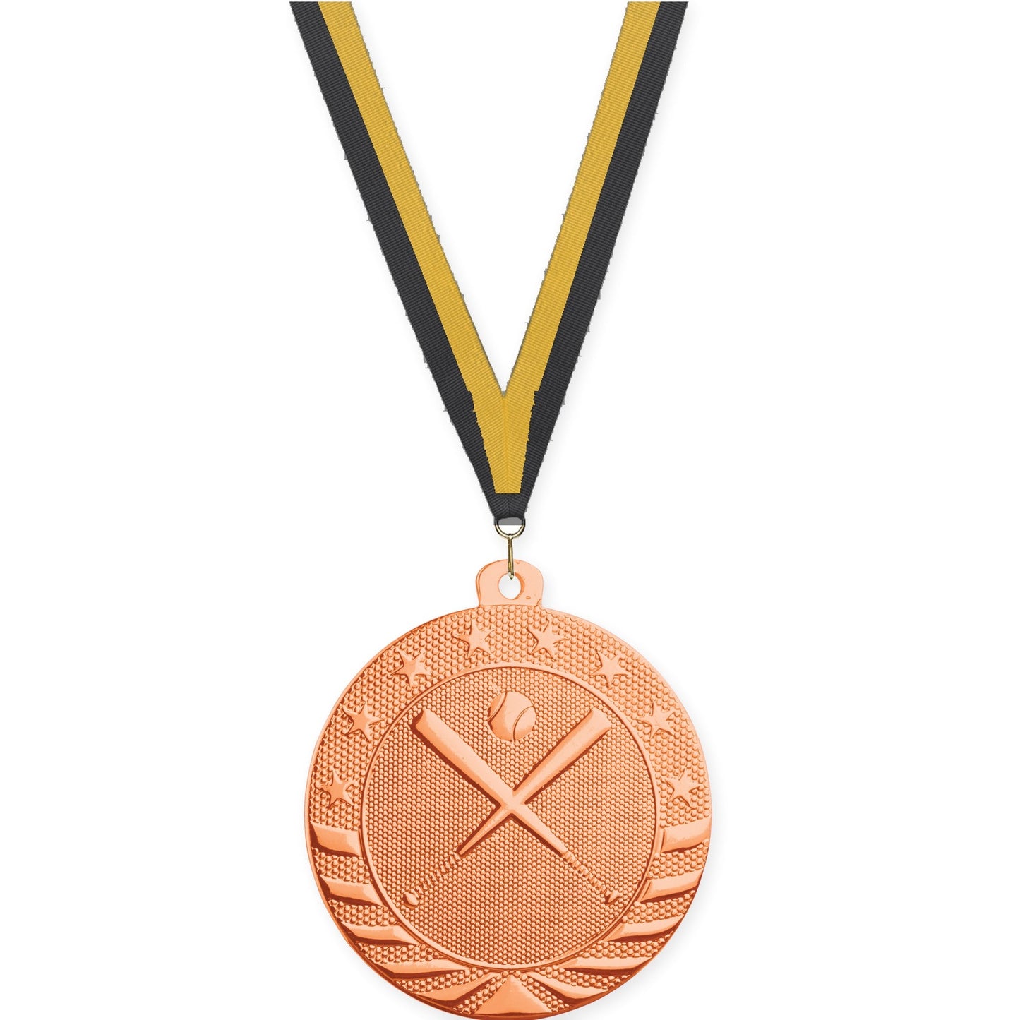 2 inch baseball and softball Starbrite medal in bright bronze with Black Gold neck ribbon