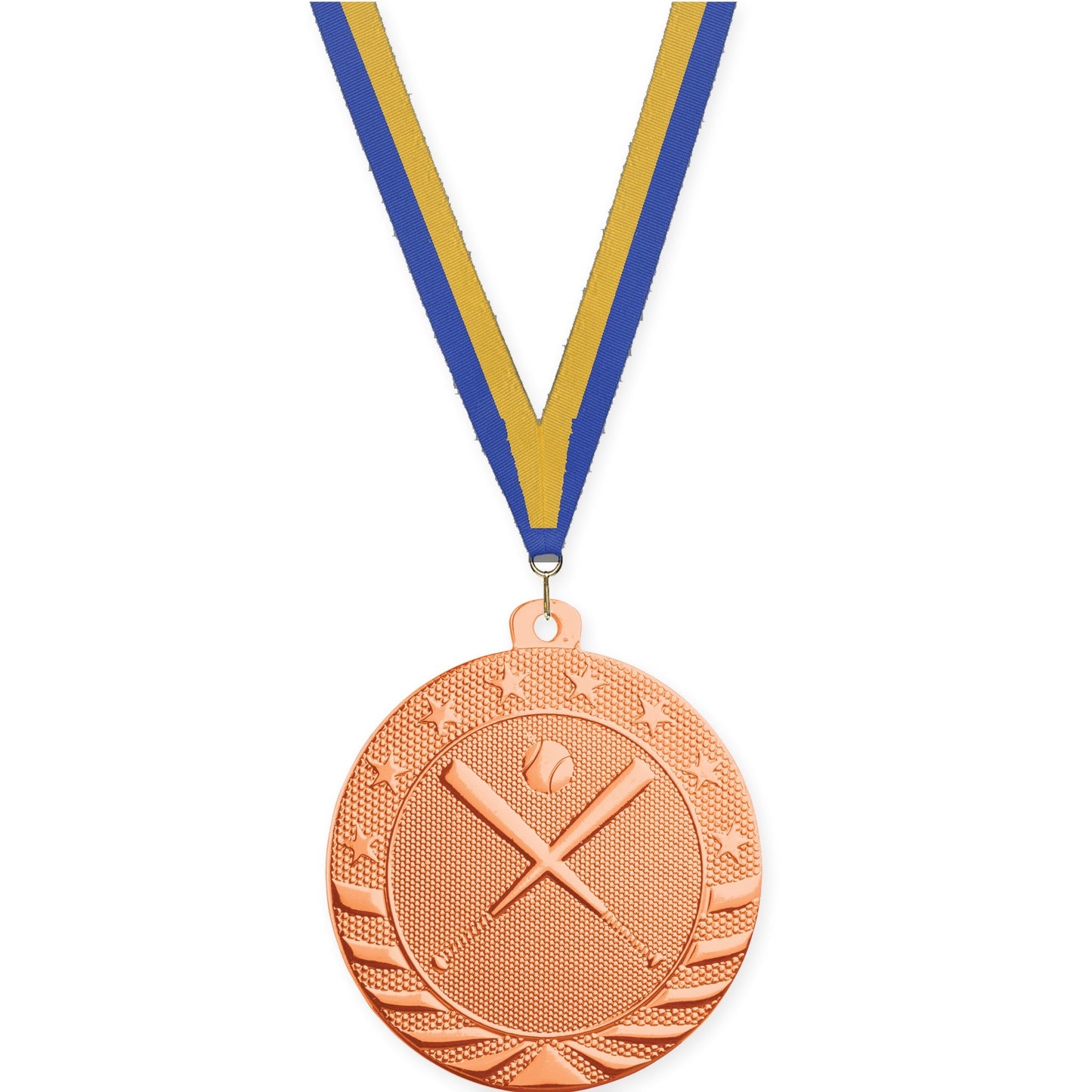 2 inch baseball and softball Starbrite medal in bright bronze with Blue Gold neck ribbon